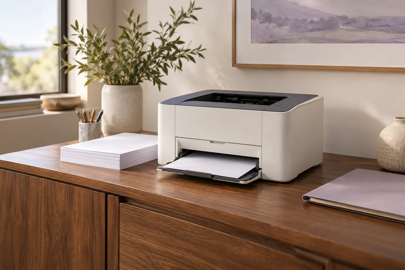 A compact desktop laser printer beside paper and a folder in a home office — AI-created category illustration